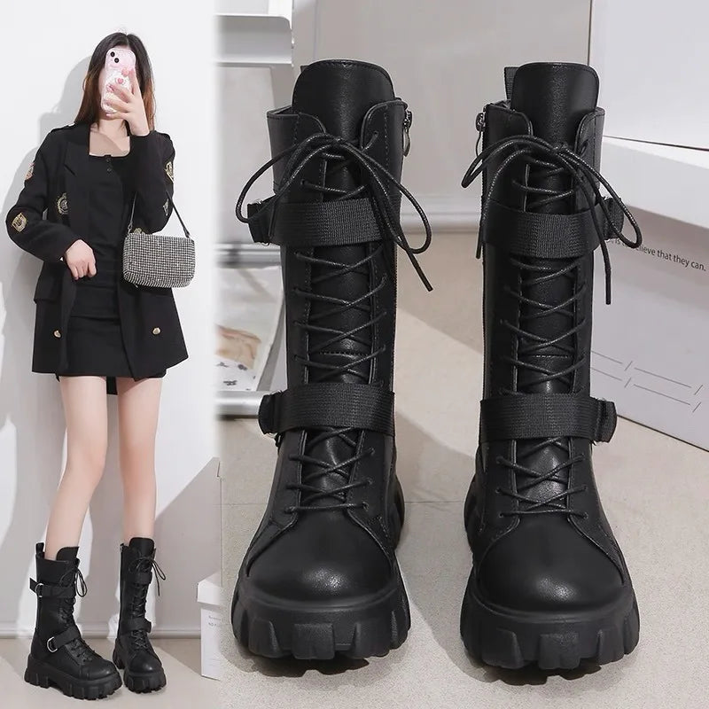 Women's Mid-Calf Boots High Quality Casual Leather Boots Fashion Motorcycle Booties Designer Belt Buckle Knight Boots for Women
