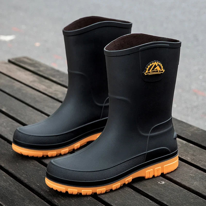 Bottes de pluie décontractées pour hommes, imperméables et antidérapantes, tige mi-haute, chaussures de travail tendance en caoutchouc (prendre une pointure au-dessus pour les modèles en coton)