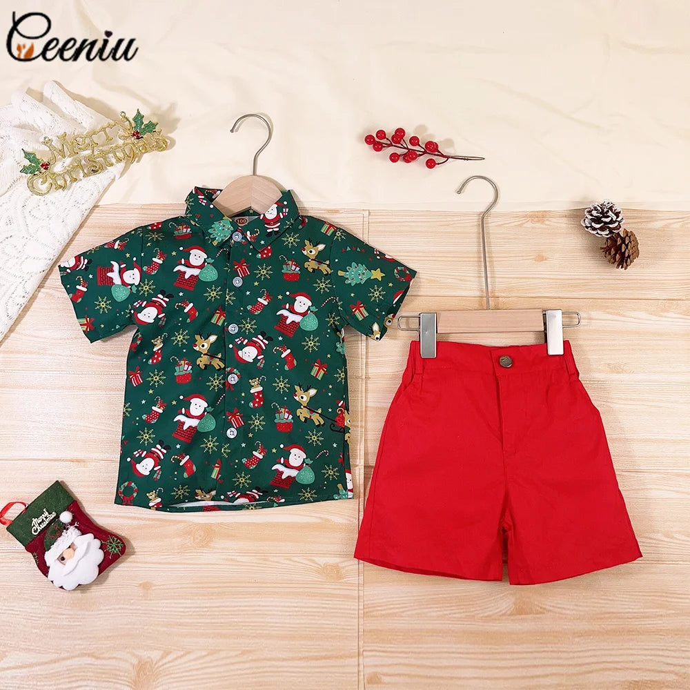 Ceeniu 1-5Y New Year Costume For Boy Christmas Outfit Santa Deer Printed Necktie Shirts and Red Pants Children Christmas Clothes