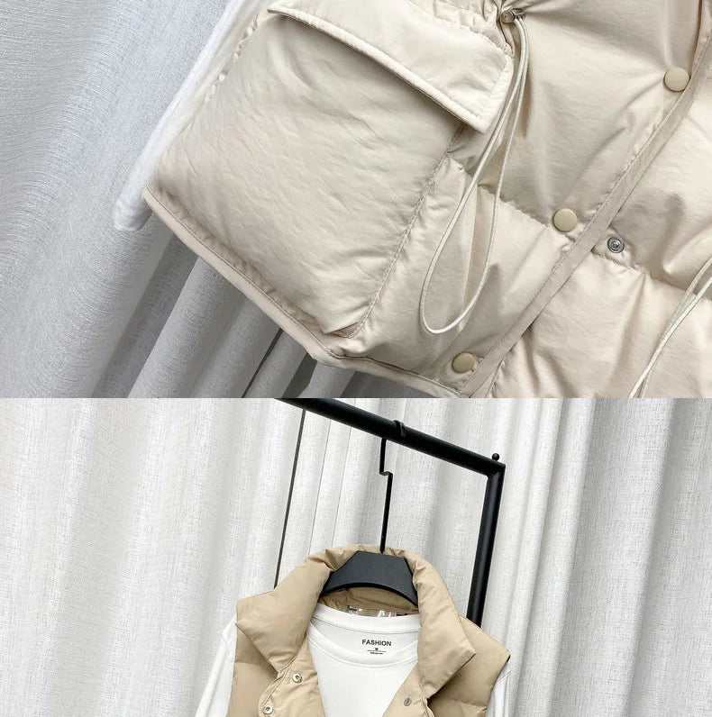 Parkas Women Vest Coats Thick Warm Sleeveless Turn Down Collar Drawstring Tight Waist Coat Single Breasted Autumn Winter