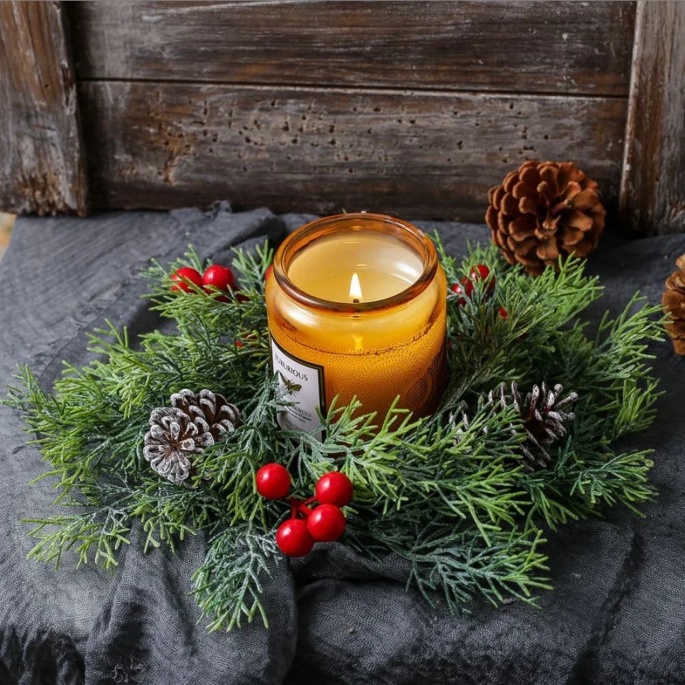 Christmas Wreath Artificial Berries Pinecone Pine Candlestick Wreaths Garland Candle Ring Table Home Party Decoration