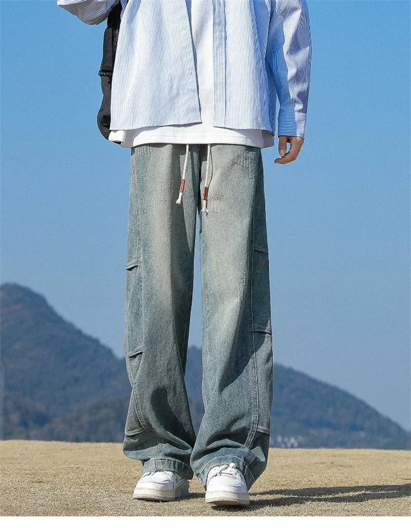 Autumn Distressed Drawstring Straight Jeans For Men High Street Baggy Patchwork Denim Pants 2024 New Hip Hop Fashion Y2K Jean