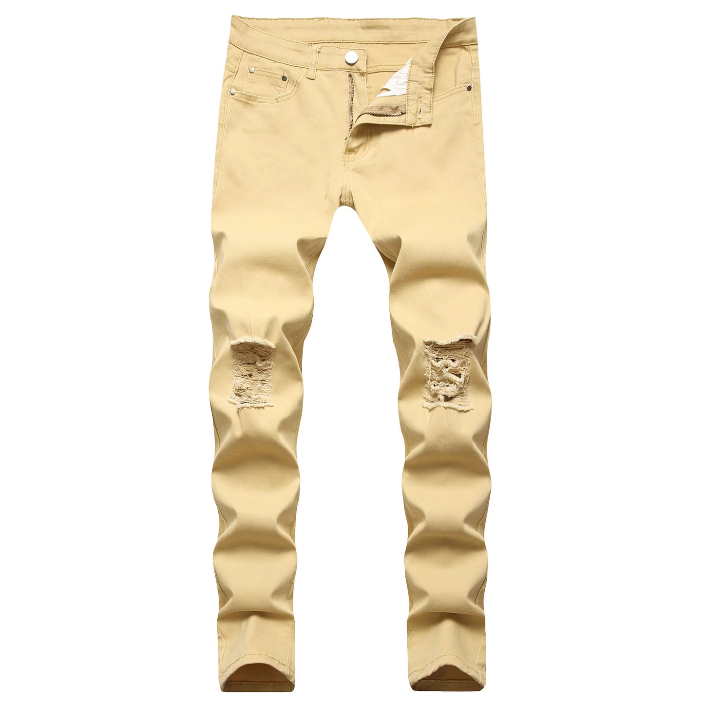 Denim Pencil Ankle Length Pants Men Jean Ripped Washed Zipper Fly Hole Jeans Skinny Solid Pockets High Street Distressed