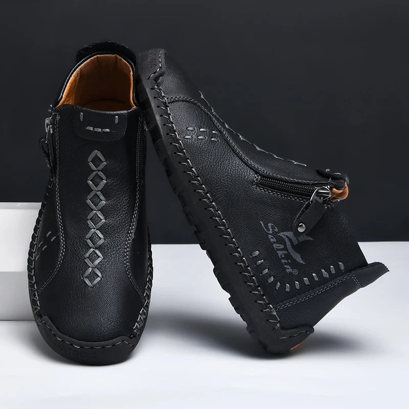 Nuevas botas de invierno hechas a mano en piel para hombre, con diseño de cremallera, transpirables, informales, de piel, botines para hombre, para exteriores