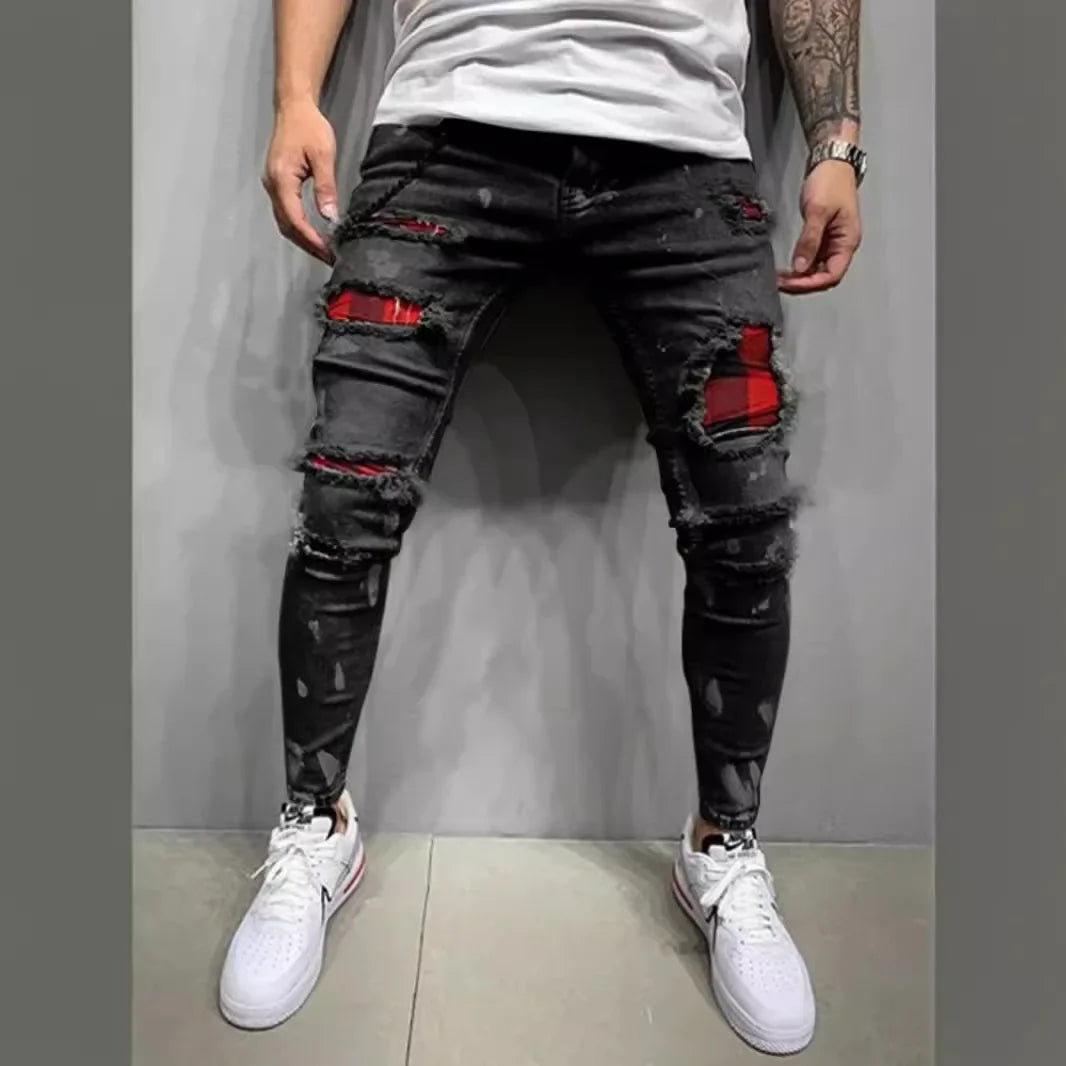 Pantalones vaqueros ajustados de cintura media con agujeros desgastados para hombre, estilo urbano, hasta el tobillo, lavados, 2025
