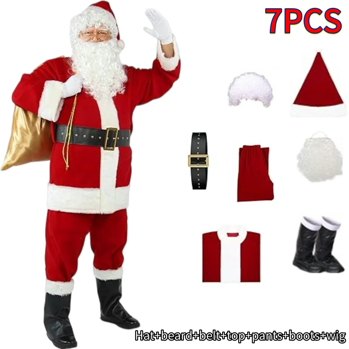 Ensemble Père Noël en velours doré, vêtements chauds de Noël pour hommes, costume de cosplay pour adultes