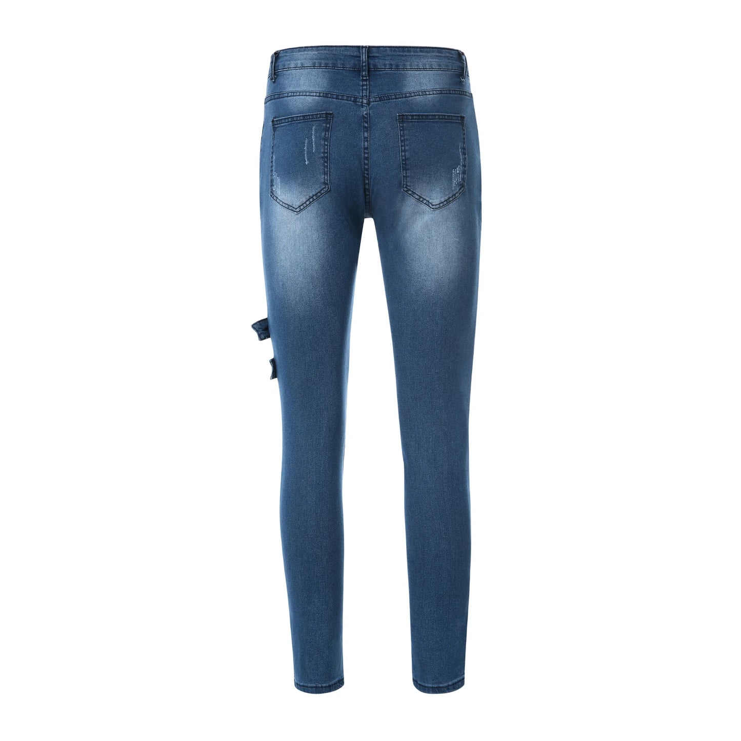 2025 New Men Slim Biker Ripped Long Denim Trousers Skinny Jeans Side Straps Zips Male Jogging Pants Destroyed Stretchy Pants