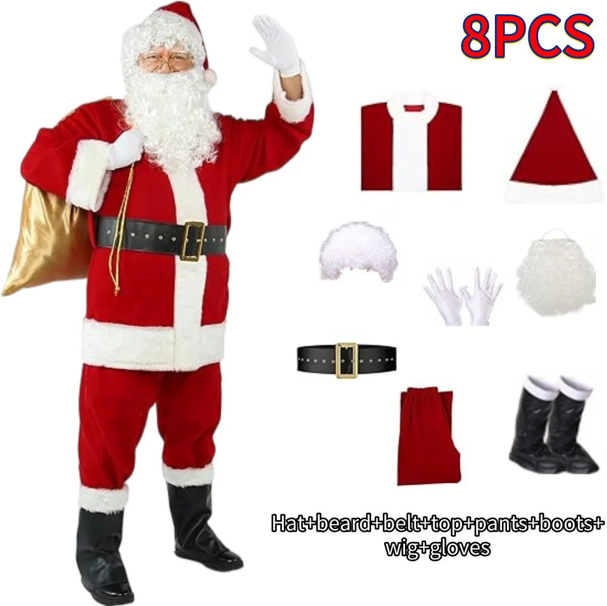 Ensemble Père Noël en velours doré, vêtements chauds de Noël pour hommes, costume de cosplay pour adultes