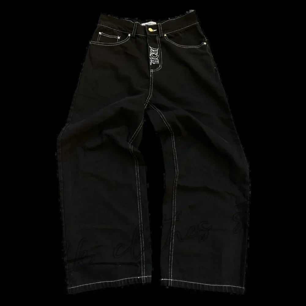 Nuevos vaqueros holgados casuales de pierna ancha para hombre, vaqueros con estampado retro de hip hop, tendencia de moda, vaqueros negros de cintura alta Y2k, ropa para hombre 2023