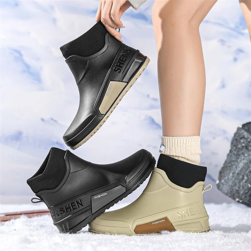 Waterproof Ankle Rain Boots for Men Chef Kitchen Fleece-lined Man Shoes Work Fashion Rainy Day Non-slip Garden Fishing Wellies