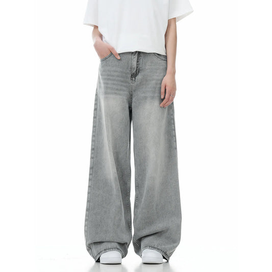 Men Floor Length Pant Jeans Denim Wide Leg Pants Loose Casual Straight Trousers Pocket High Waist Splice Autumn Winter