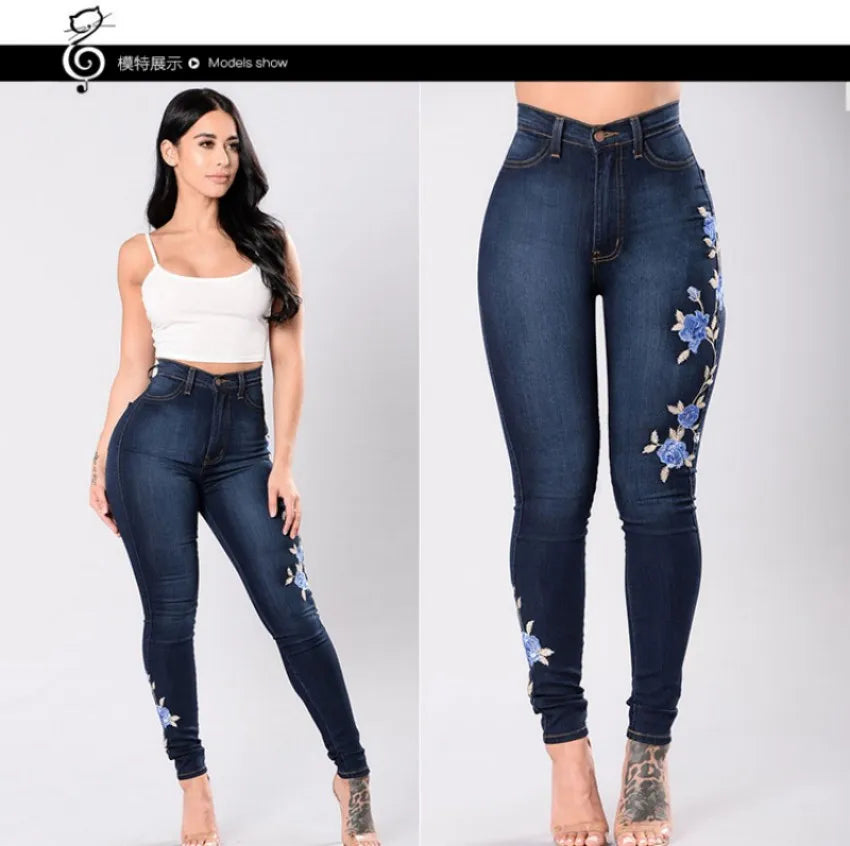 2023 New Women's High Waist Embroidered Jeans Fashion Slim Stretch Denim Pencil Pants Street Trendy Trousers S-3XL Drop Shipping