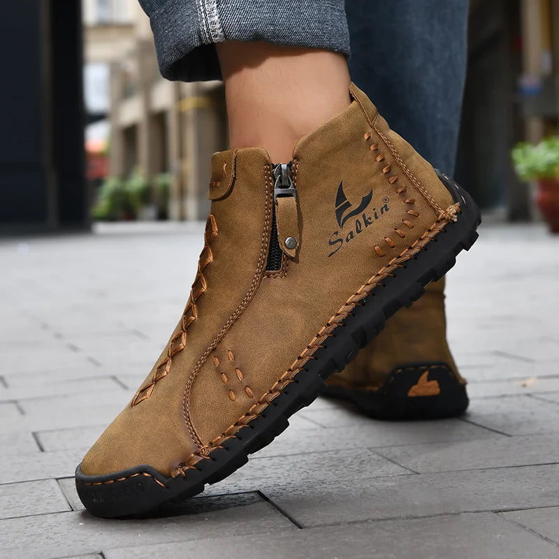 Nuevas botas de invierno hechas a mano en piel para hombre, con diseño de cremallera, transpirables, informales, de piel, botines para hombre, para exteriores