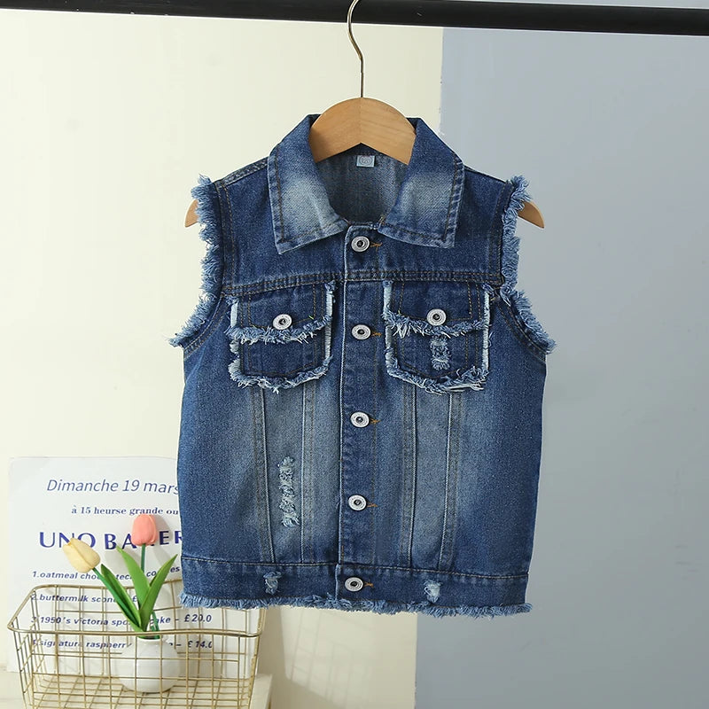 Elegant Unisex Kids Denim Waistcoat with Raw Hem for Boys Girls Casual Sleeveless Jeans Jacket Vest Child Fashion Waist Coat