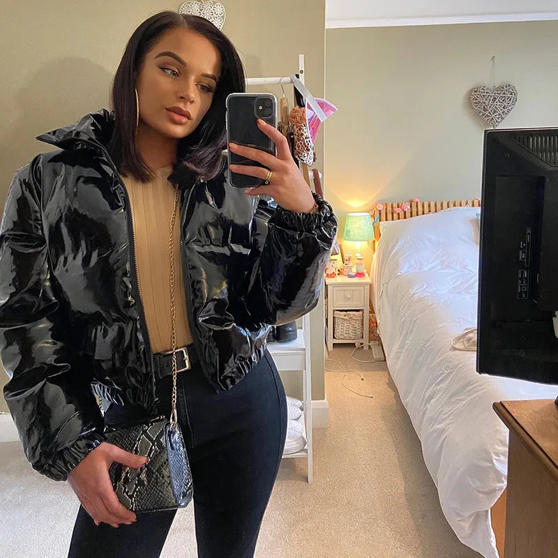 European and American Solid Color Mirror Pu Leather Down Jacket, Womens' Winter New Short Zippered Stand-up Collar Padded Jacket
