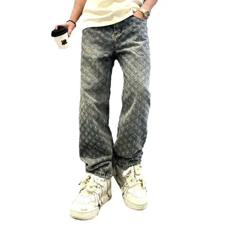 Pantalones vaqueros con estampado jacquard para hombre, rectos, holgados, desgastados y anchos.