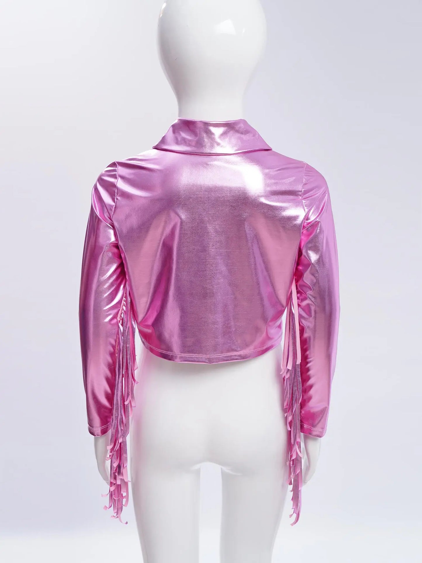 Kids Girls Tassels Metallic Jacket Top Fringe Shiny Turn-Down Collar Long Sleeve Zipper Jacket Coat for Hip Hop Street Dance