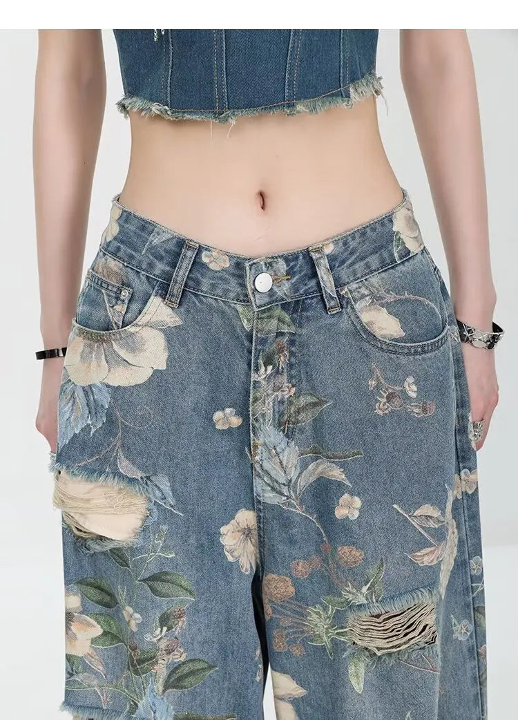 American Street Print Jeans For Women Trendy Style Loose And Versatile Floor-length Wide-leg Pants With A Versatile Design