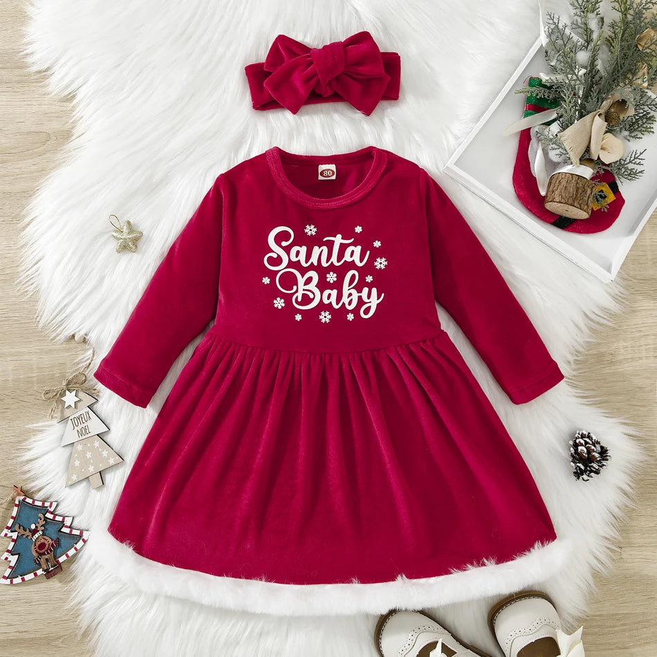 Children Christmas Party Dress Velvety with Fluffy Trim Hooded V-Neck Xmas Gown with Waist Bow Girl Red Christmas Dress