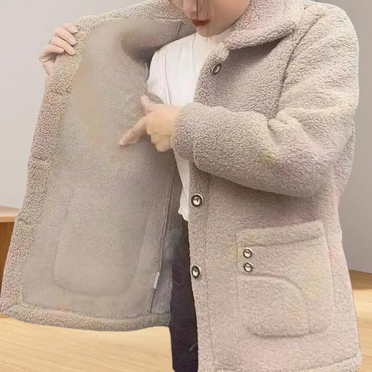 Winter Fleece Coat Thickened Single-breasted with Side Pockets Turn-down Collar Coldproof Solid Color Long Sleeves Outwear Jacke
