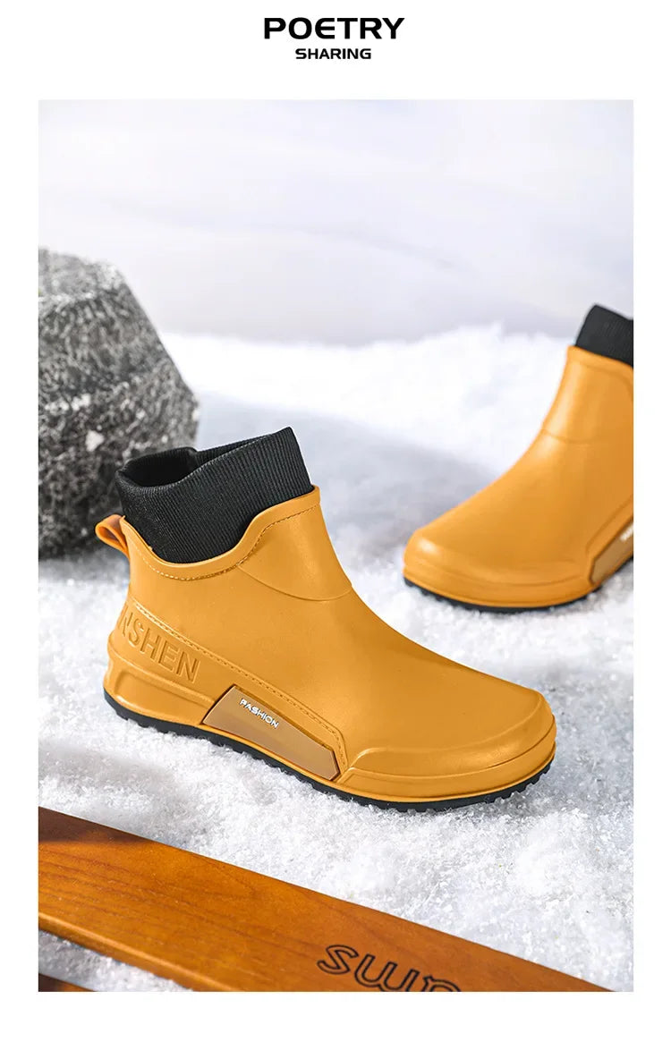 Waterproof Ankle Rain Boots for Men Chef Kitchen Fleece-lined Man Shoes Work Fashion Rainy Day Non-slip Garden Fishing Wellies