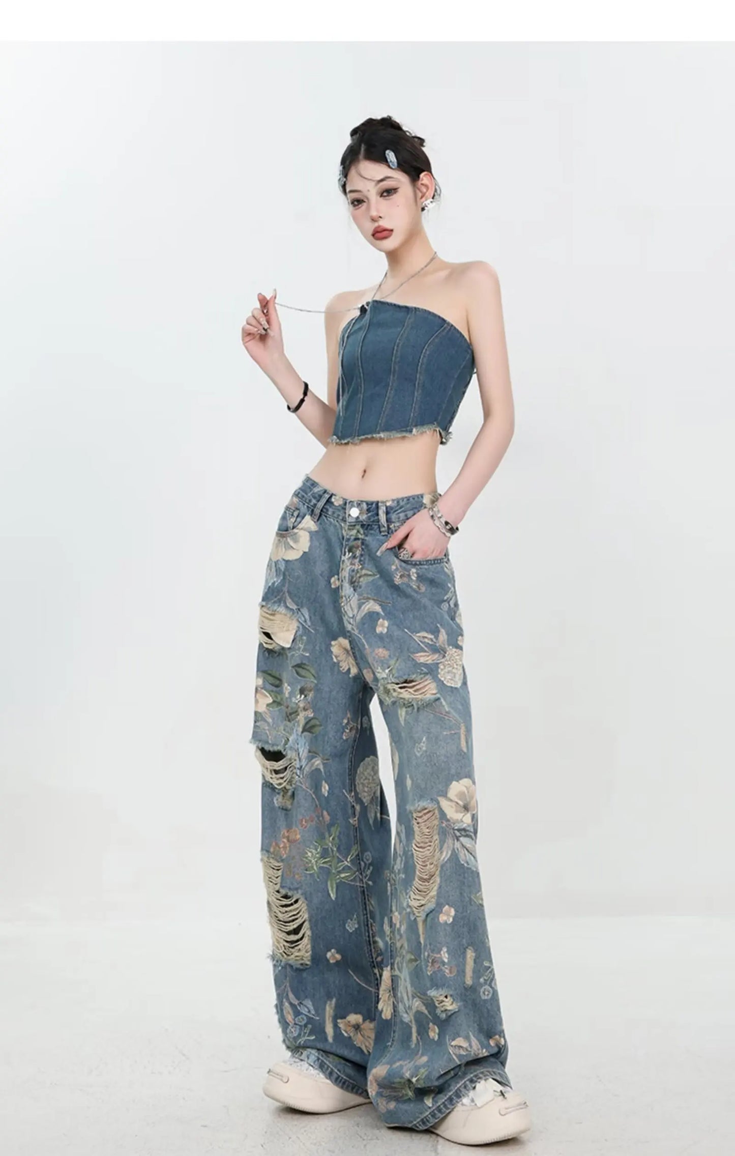 American Street Print Jeans For Women Trendy Style Loose And Versatile Floor-length Wide-leg Pants With A Versatile Design