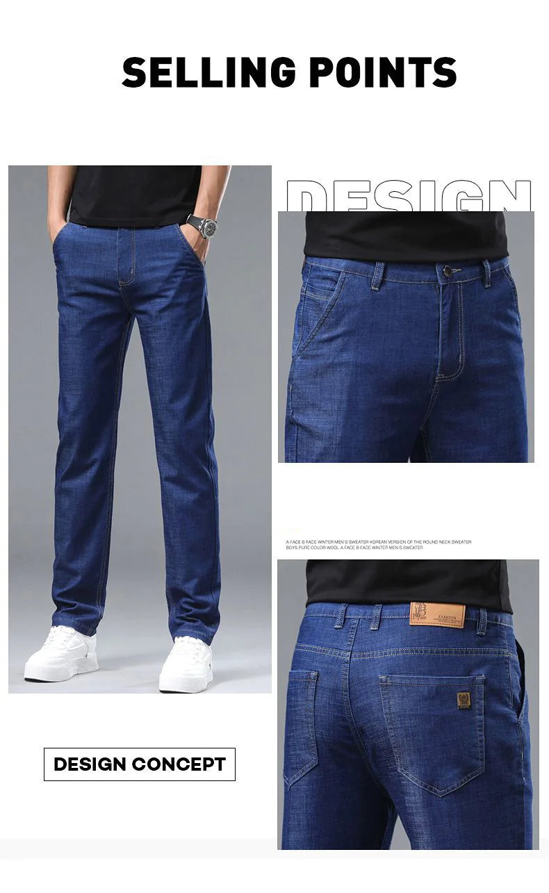 Spring Summer Business Jeans Men Light Blue Casual Straight Stretch Fashion Classic Work Denim Trousers Brand Clothing