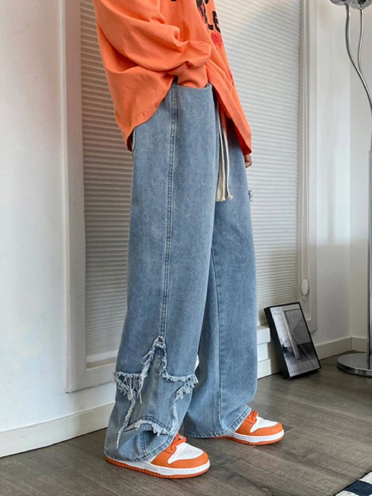 American Retro Star Embroidery Jeans Men's Baggy Hip Hop Fashion Denim Pants 2025 New Casual Y2K Streetwear Straight Trouser