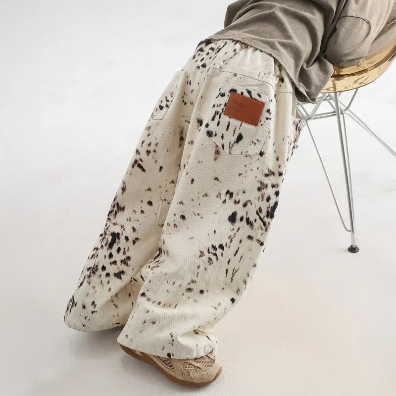 Korean Style 2-8Y Boys Jeans Spring Autumn Kids Apricot Leopard Print Casual Wide Leg Pants Children Versatile Trousers A05038