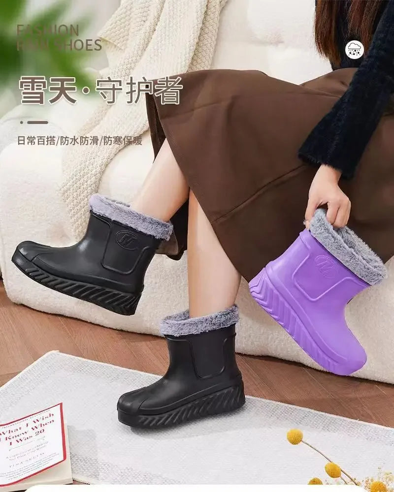 New High Top Waterproof Cotton Shoes for Women Plus Velvet Warm Waterproof Cotton Boots Rain Boots Botas Altas Plataforma Mujer