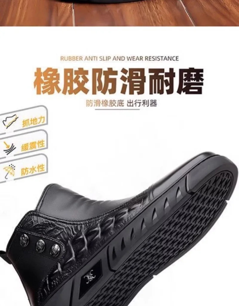 Botas de lujo para hombre, botas de plataforma altas de moda, botas clásicas de cuero para uso casual de negocios, botas de invierno de algodón cálido y afelpado para hombre