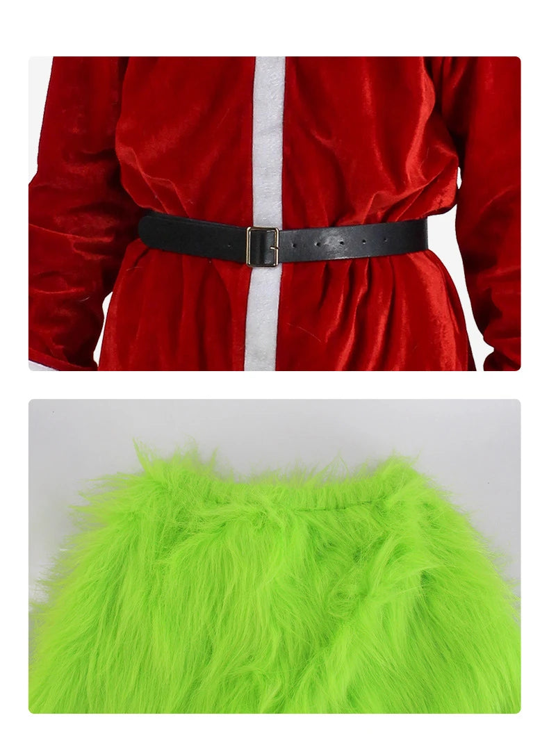 Disfraz de Grinch para Navidad: Máscara de peluche, pantalones, guantes, gorro rojo de Papá Noel, camiseta, calcetines. ¡Regalo perfecto para Navidad!