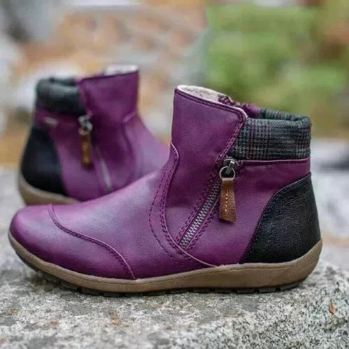 Botas cortas de invierno de moda retro de cuero con parches, cómodas, de suela plana con cremallera, zapatos de mujer de talla grande
