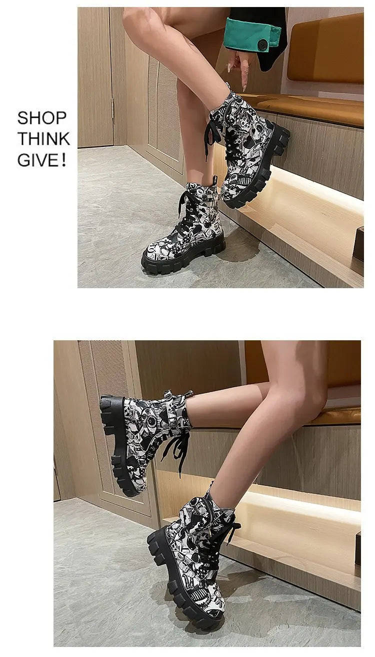 Thick-soled Women's Ankle Boots Fashion Printed Women Shoes High Quality Non-slip Motorcycle Boots New Gothic Style Women Boots