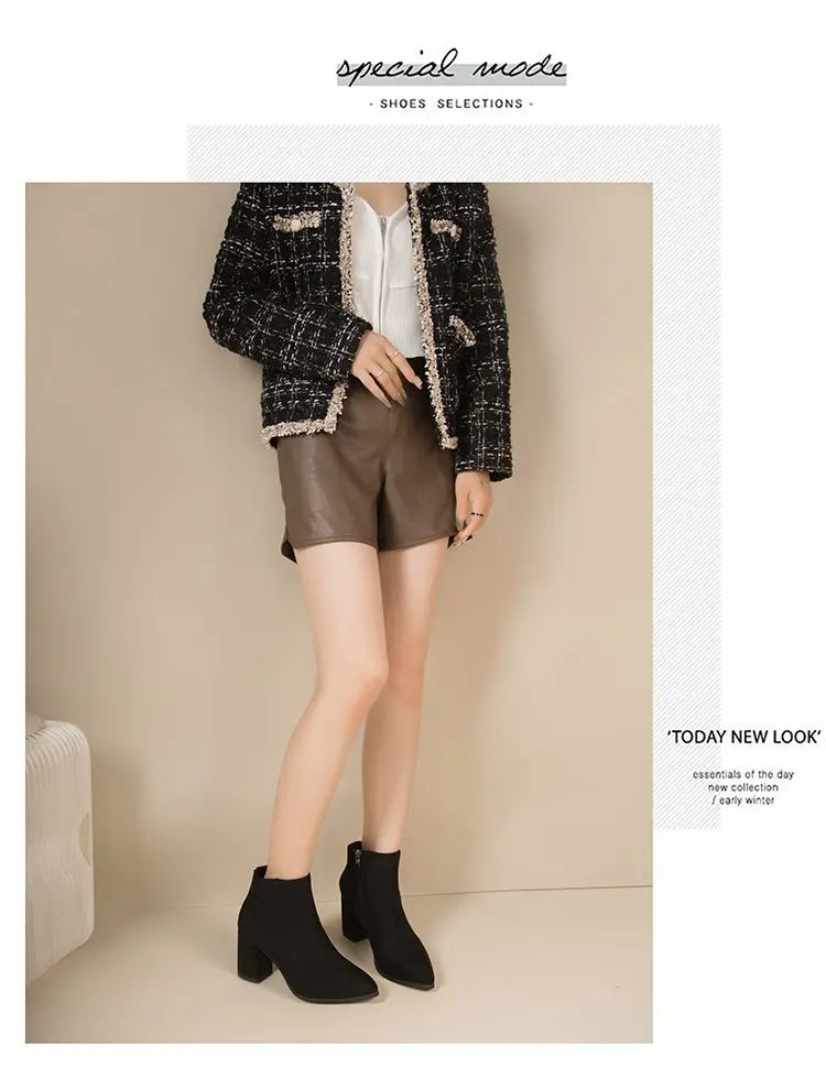 Nuevas botas sencillas de tacón cuadrado con cremallera lateral y tacón alto de ante puntiagudo para mujer.