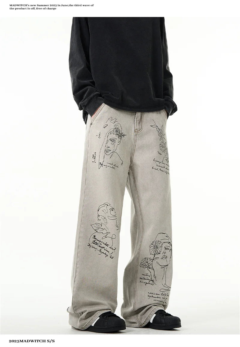 American Retro Graffiti Graphic Printed Jeans For Men Harajuku Fashion Baggy Denim Pants Distressed Y2K Streetwear Jean Trousers