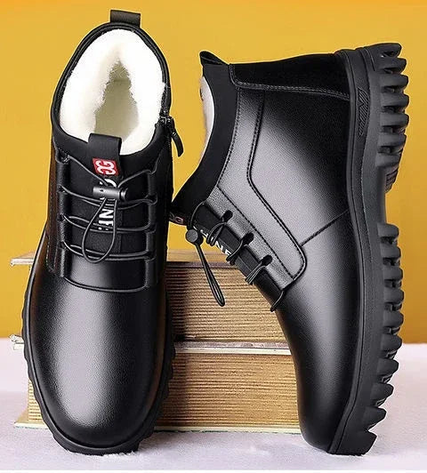Zapatos de invierno de piel para hombre, de moda, con forro de felpa, cálidos, cómodos, antideslizantes, de algodón, para negocios, para exteriores, informales, botas de nieve, para vacaciones