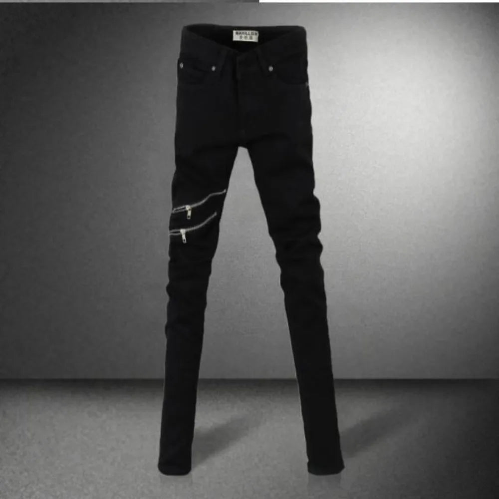Pantalones vaqueros casuales con cremallera de diseñador para hombre, pantalones vaqueros de mezclilla, primavera y otoño 2024, nuevos pantalones de tubo elásticos negros ajustados de moda coreana para hombre