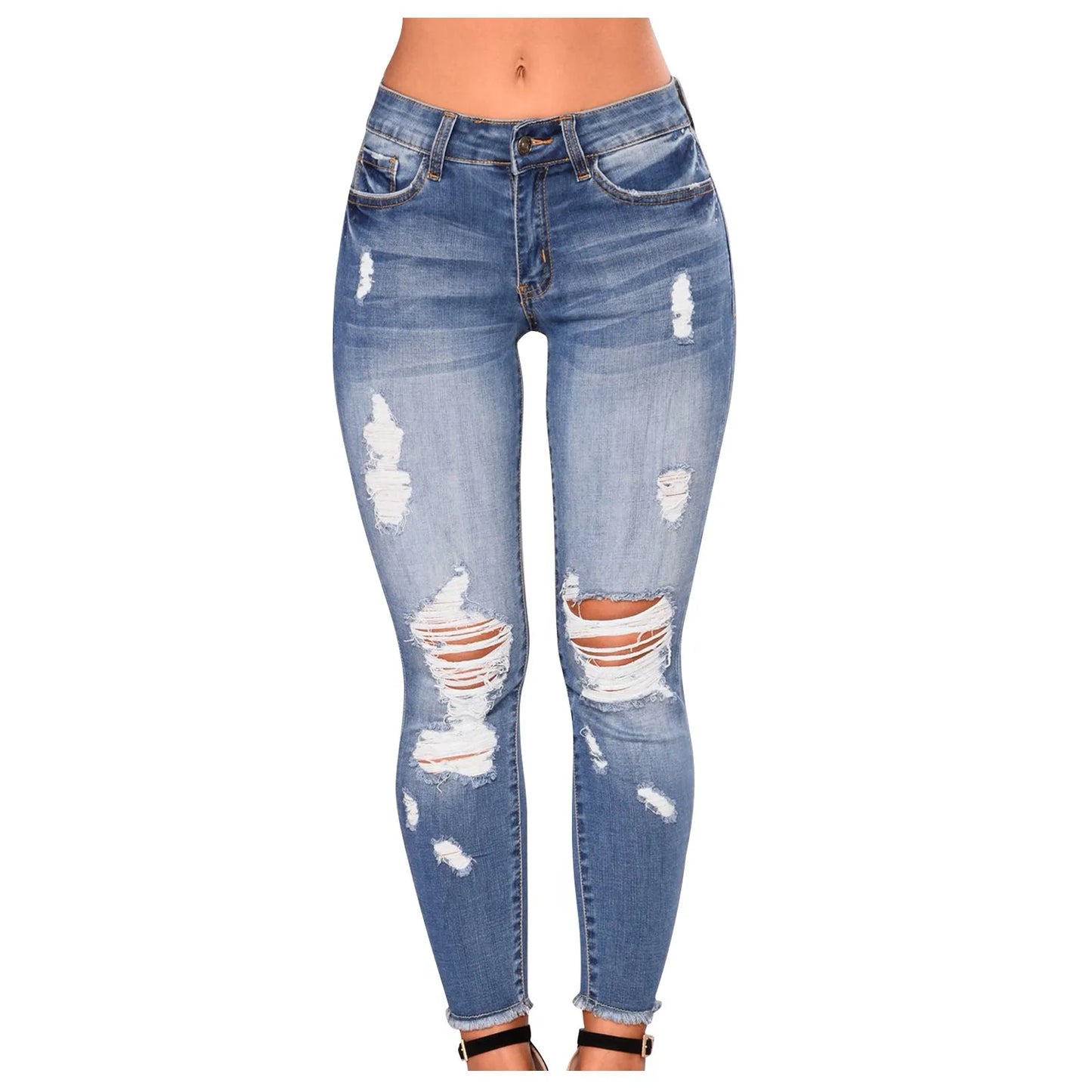 Pantalones vaqueros ajustados con agujeros rasgados para mujer, pantalones vaqueros desgastados con realce de glúteos y bolsillos, ropa de calle vintage elástica