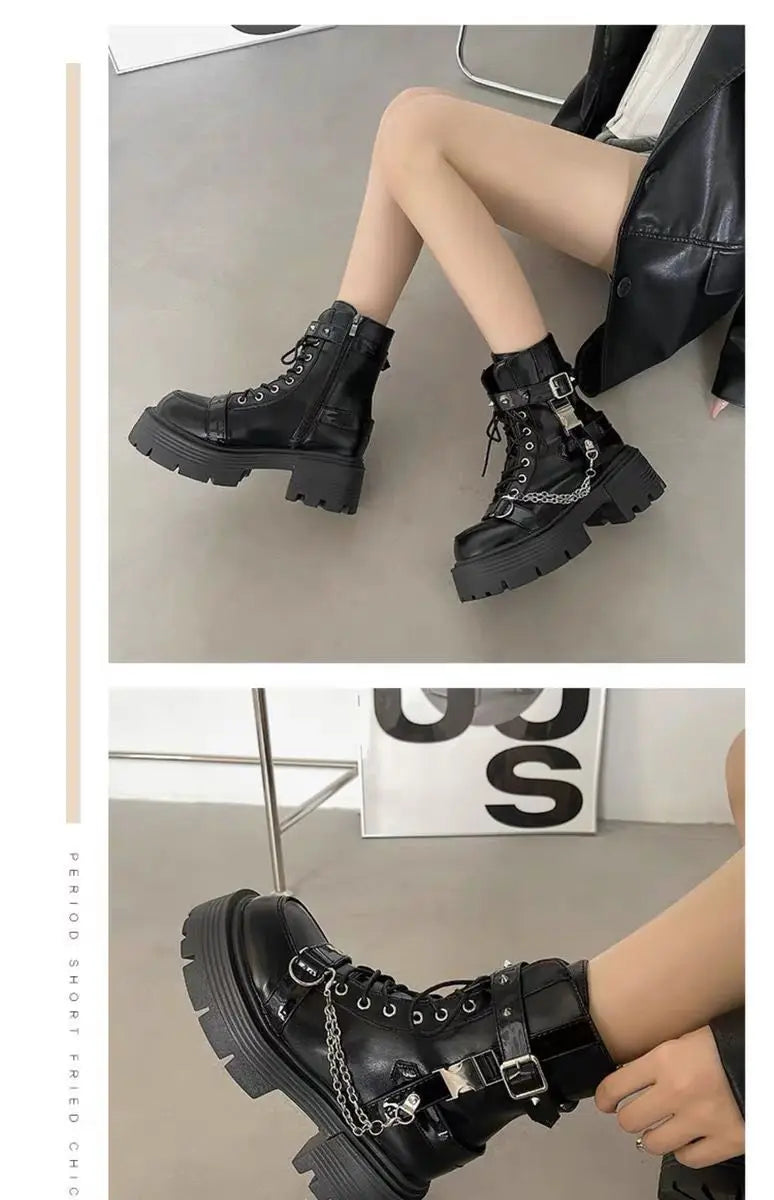 Punk Best - Selling Black Chunky Combat Boots, Metal Chain & Buckle Straps, Ideal for Daily Streetwear