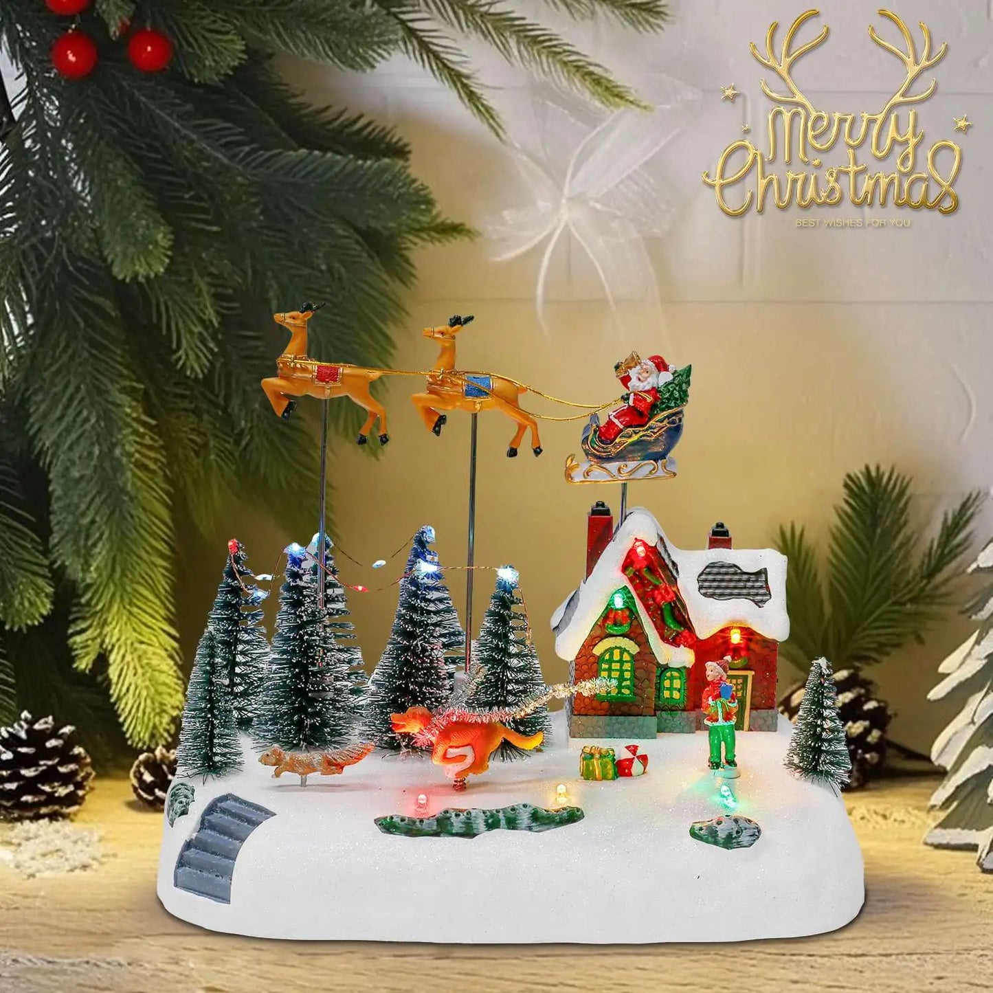 Animated Santa Sleigh Christmas Village Decoration Music Light-Up Building Accessories Snots on the Run Figurine for Indoor Use
