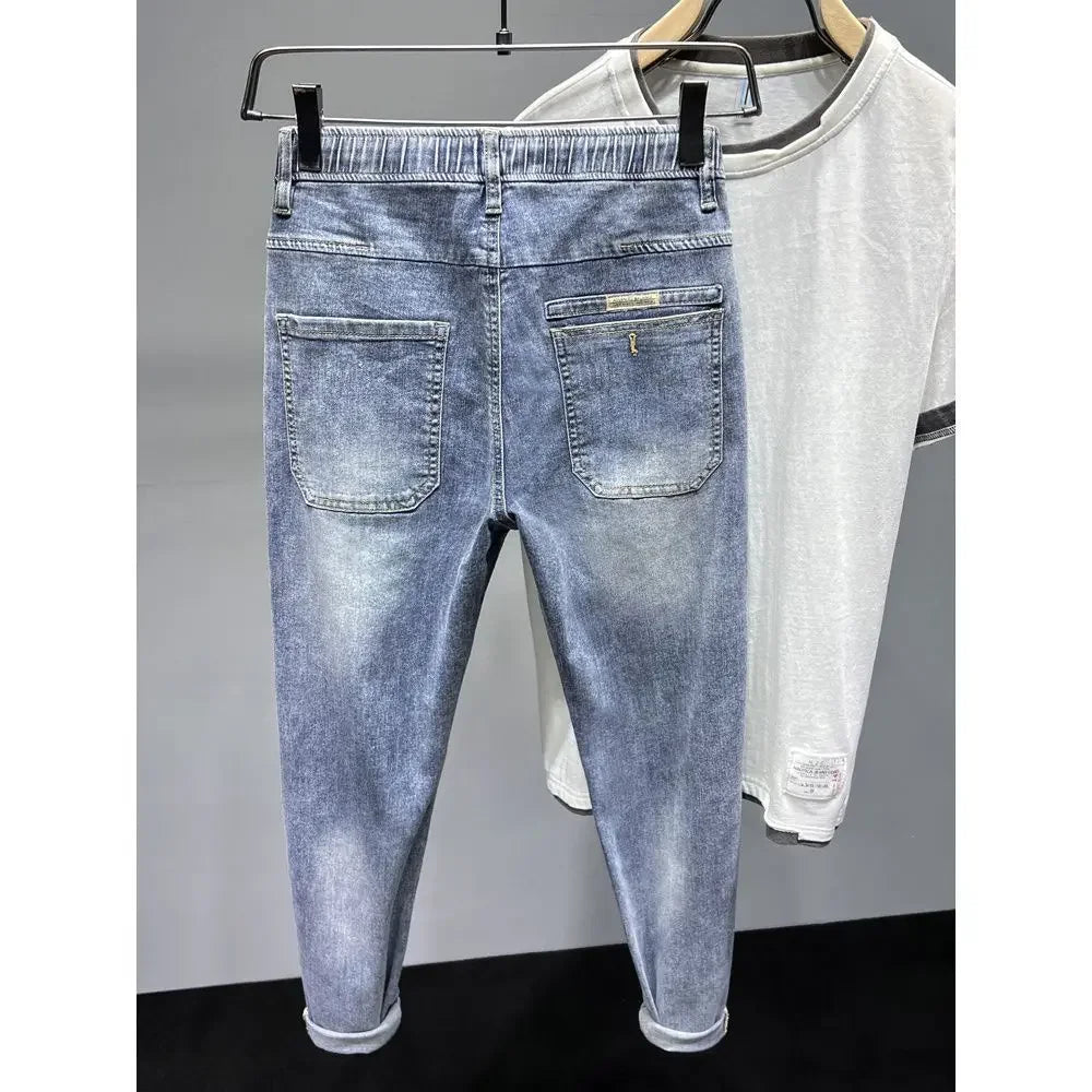 Pantalones vaqueros de lujo para hombre, moda coreana, primavera y verano, con cordón elástico, lavados, estilo cargo, holgados y cónicos
