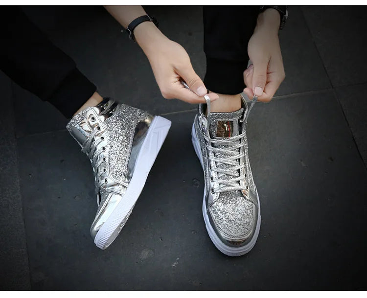 Zapatillas altas de moda para hombre, botines de tobillo dorados con purpurina, zapatos de estilo urbano, hip hop, botas casuales, calzado de primavera
