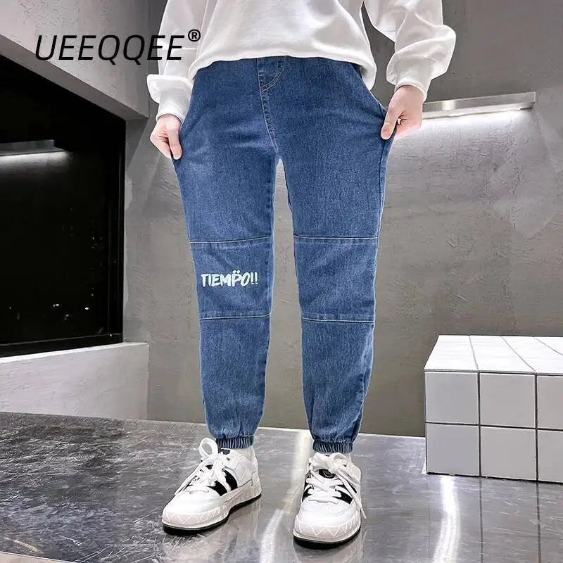 Pantalones vaqueros de primavera y otoño para niños de 4 a 6 años, de algodón con estampado y empalme elástico, pantalones vaqueros coreanos para adolescentes, ropa para niños nueva
