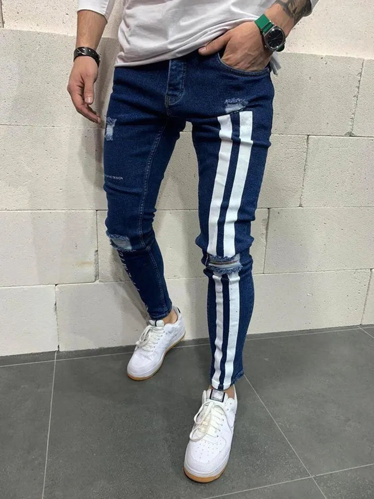 Pantalones vaqueros con estampado de rayas para hombre, de algodón elástico, rotos, ajustados, de alta calidad, estilo hip hop, con agujeros negros, ajustados, de gran tamaño.