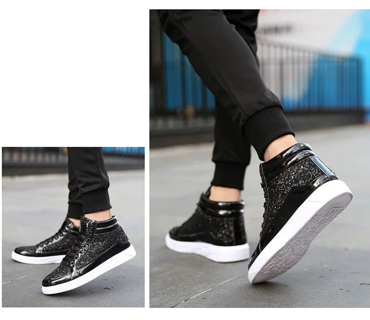 Zapatillas altas de moda para hombre, botines de tobillo dorados con purpurina, zapatos de estilo urbano, hip hop, botas casuales, calzado de primavera