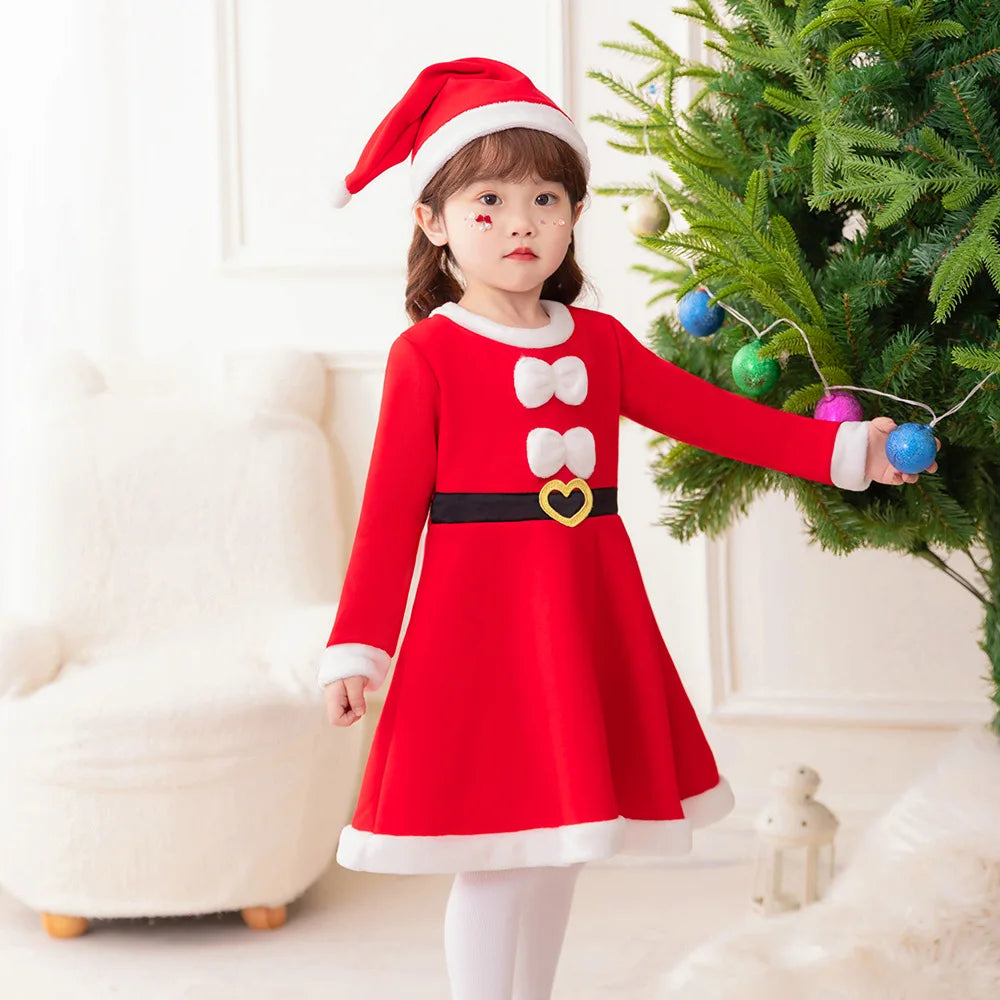 Vestido rojo navideño con capucha para niñas, ideal para el jardín de infancia, la escuela o cualquier ocasión. Disfraz cómodo para fiestas navideñas.