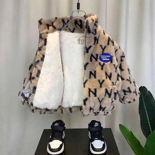 Autumn/Winter Children's Jacket New Boys' and Girls' Thick Cotton Jacket with Velvet and Clip on Cotton Top