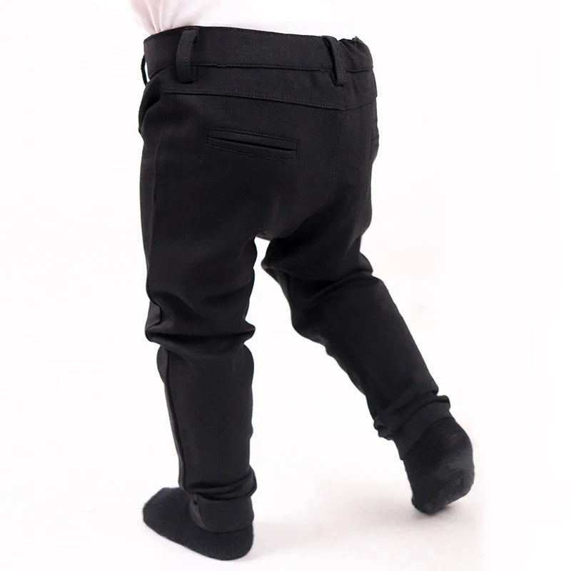 Pantalones largos negros para niños, para todas las estaciones, con cintura elástica alta, a la moda, ropa de verano para niños, con cremallera frontal y abertura.