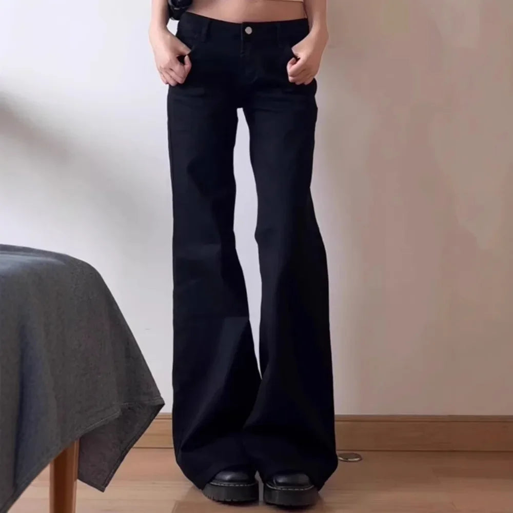 Vaqueros de talla grande estilo americano con cintura baja, anchos y micro acampanados para mujer, corte holgado, versátil y recto, para principios de otoño